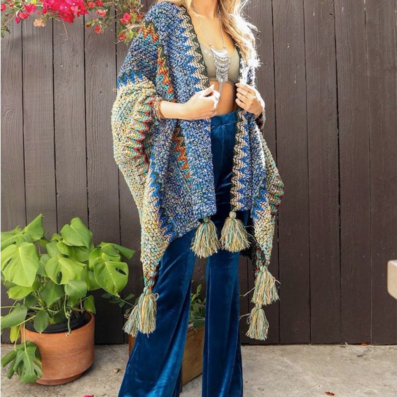 Colorful Crochet Patterned Ruana, Crochet Poncho Pattern, Crochet Wrap, Shrug, Crochet Sweater Pattern, Wrap Pattern, Crochet Womens Top image 4