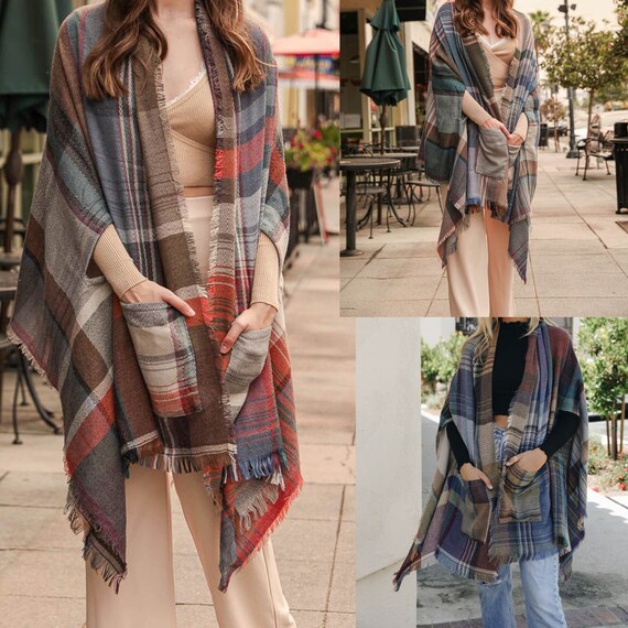 newventurestore Multicolor Plaid Pocket Ruana, Woven Knit Buffalo Plaid Checkered Wrap Cape Cardigan Ruana Oversized Blanket Sweater Poncho