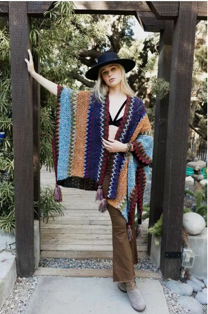 Colorful Crochet Patterned Ruana, Crochet Poncho Pattern, Crochet Wrap, Shrug, Crochet Sweater Pattern, Wrap Pattern, Crochet Womens Top YP-4087 Indigo