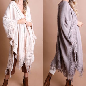 Open Work Frayed Border Bohemian Ruana-Fall Kimono-Fall Sweater-Fall Coverup-Winter Sweater-Shawl