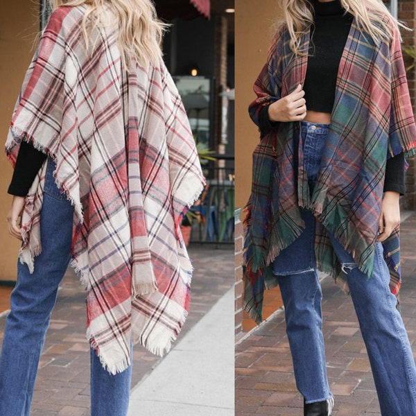 Leichte karierte Ruana Woven Knit Buffalo Plaid Karierte Wrap Cape Cardigan Ruana Oversized Decke Pullover Poncho