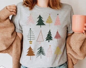 Christmas Shirts for Women, Modern Boho Trees Shirt, Christmas Tree T-Shirts, Cute Christmas Tees, Womens Christmas TShirts, Christmas Tee