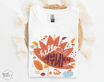 Hello Autumn Shirt, Hygge Fall Folk Art T-Shirt, Cottagecore Apparel, Cozy Aesthetic Clothing, Fall Tees for Women, Blue Pumpkin Mushrooms
