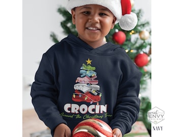 Crocin Around the Christmas Tree, Funny Christmas Hoodie for Kids, Youth Christmas Sweater, Crocs Christmas Tree, Kids Christmas Hoodies
