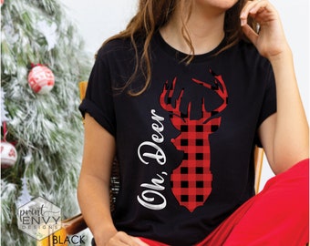 Oh Deer Shirt, Red Buffalo Check Reindeer Shirt, Funny Christmas Quote T-Shirt, Cute Christmas Shirts for Women, Buffalo Plaid, Gift for Her