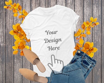White mock up Bella Canvas 3001 Gildan 6400 generic white ladies t-shirt mock for svg Mockup Flat Lay Mock-Up