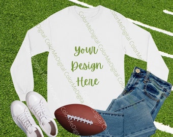 Football long sleeve mock up flat lay white Gildan t-shirt mock-up for your SVG or t-shirt designs instant download
