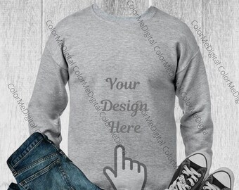 Gray grey long sleeve sweatshirt mock up Gildan Bella Canvas Flat lay Athletic heather winter mock up Unisex instant download