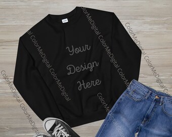 Black Unisex Crew Neck Sweatshirt  Gildan 18000 flat lay autumn fall Thanksgiving Halloween winter mock up Unisex instant download