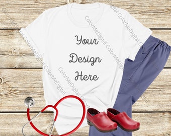 Nurse health care doctor mock RN LPN PA medical mock up Essential worker Bella Canvas 3001 white Flat lay mockup mockup instant download