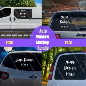 May include: A mockup bundle of four car window decals. The decals are white with black text that says "Your Design Here". The decals are shown on different cars in different settings, including a car driving down a road, a car parked in a forest, and a car parked in a parking lot.