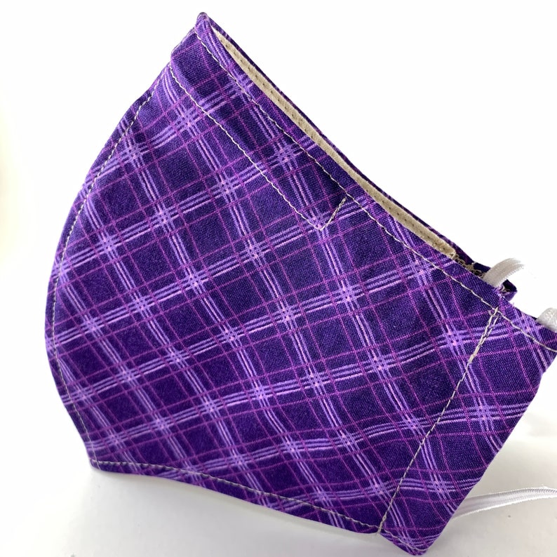 Best fitting washable face mask with filter pocket, nose wire and adjustable ear loops. Soft, breathable lining. Purple plaid. SHIPS NOW image 2