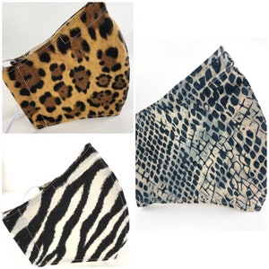 Best fitted washable face mask with filter pocket, nose wire, adjustable ear loops, breathable. Animal print. Ships now.