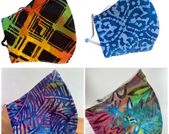 Best Fitting washable face mask with filter pocket, nose wire, adjustable ear loops. Beautiful batiks. Breathable, soft lining. SHIPS NOW
