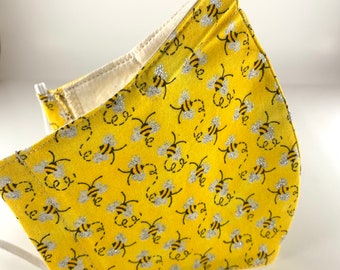 Best fitting washable mask with filter pocket, great nose wire, adjustable ear loops, breathable. Adorable Bees. Ships now!