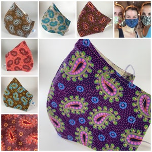 Fitted face mask with filter pocket, nose wire, adjustable elastic. Soft lining, washable, best fitting. SHIPS NOW. Pretty paisley