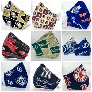 May include: A collection of nine face masks featuring various sports team logos. The masks are made of fabric and have adjustable ear loops. The logos include the University of Central Florida Knights, the University of Florida Gators, the Tampa Bay Buccaneers, the Tampa Bay Lightning, the University of South Florida Bulls, the New York Yankees, the Boston Red Sox, and the Tampa Bay Rays.