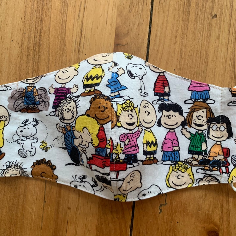 Best fitting washable mask with large filter pocket, great nose wire, adjustable ear loops, breathable. Charlie Brown. Ships now image 2