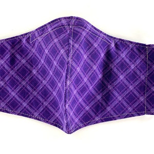 Best fitting washable face mask with filter pocket, nose wire and adjustable ear loops. Soft, breathable lining. Purple plaid. SHIPS NOW image 3
