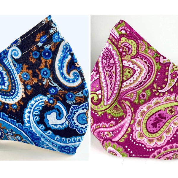Best fitting washable mask with filter pocket, nose wire, adjustable ear loops, soft lining. Pink Blue paisley. Ships now!