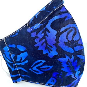 Best fitting washable mask with filter pocket, nose wire, breathable lining, adjustable ear loops. Black & blue batik. Ships now. image 1