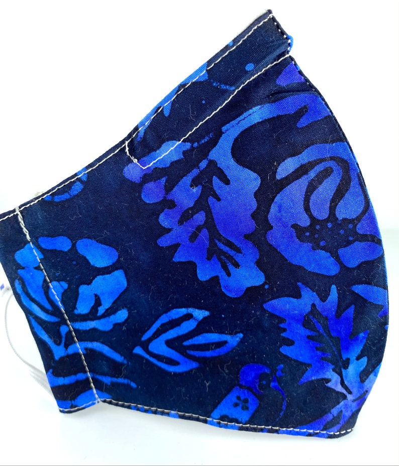 Best fitting washable mask with filter pocket, nose wire, breathable lining, adjustable ear loops. Black & blue batik. Ships now. image 1