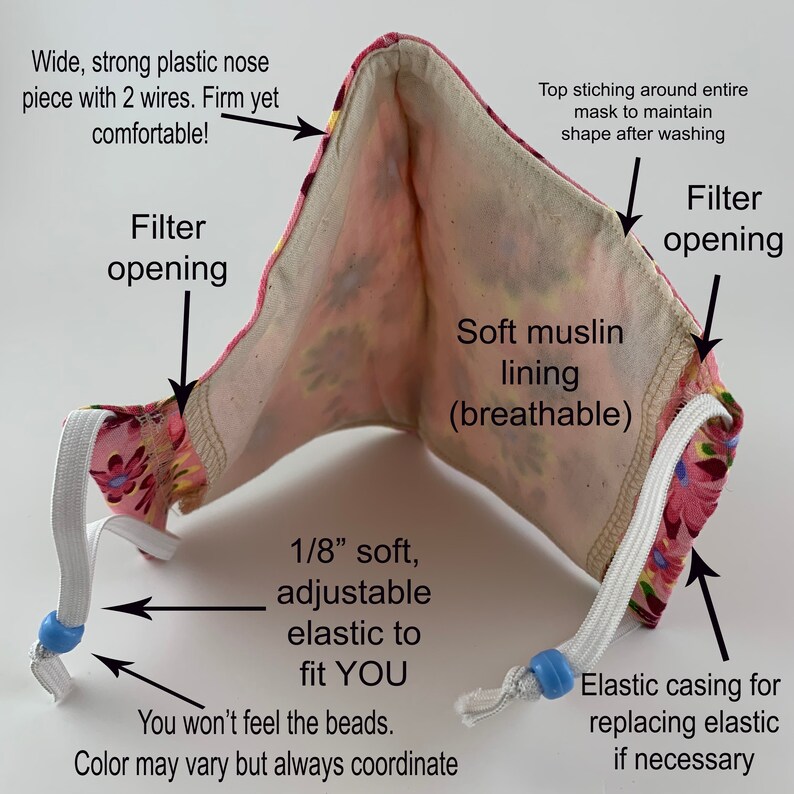 May include: A pink and white floral fabric face mask with a soft muslin lining, adjustable elastic ear loops, and a filter pocket. The mask has a wide, strong plastic nose piece with two wires for a comfortable fit.