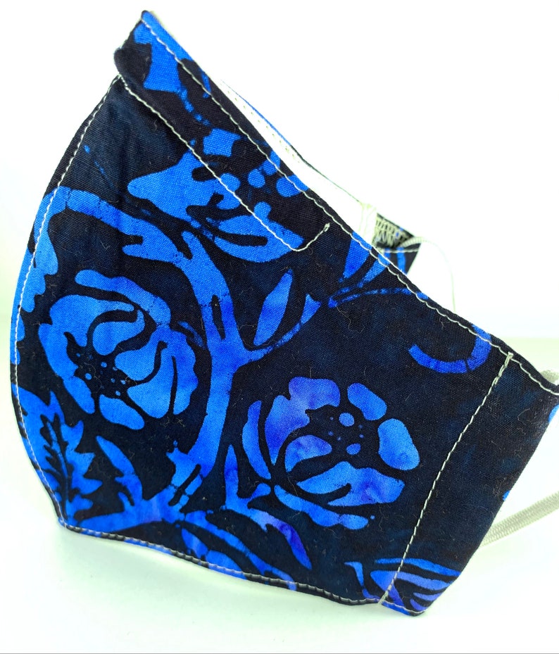 Best fitting washable mask with filter pocket, nose wire, breathable lining, adjustable ear loops. Black & blue batik. Ships now. image 2