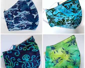 Best fitted washable face mask with filter pocket, great nose wire, adjustable ear loops, breathable. Dragonflies, octopus, dolphin, fish.