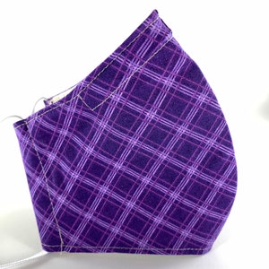 Best fitting washable face mask with filter pocket, nose wire and adjustable ear loops. Soft, breathable lining. Purple plaid. SHIPS NOW image 1