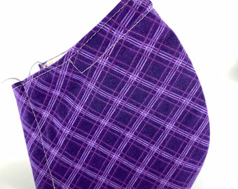 Best fitting washable face mask with filter pocket, nose wire and adjustable ear loops. Soft, breathable lining. Purple plaid. SHIPS NOW