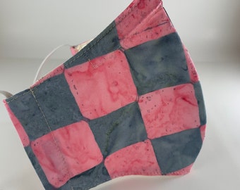 Best fitting washable mask with filter pocket, nose wire, breathable lining, adjustable ear loops. Pink & gray checkered batik. Ships now.