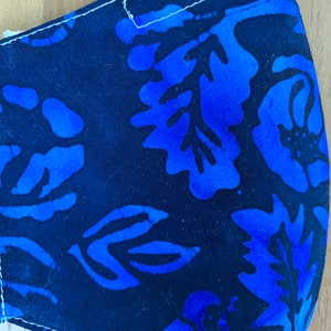 Best fitting washable mask with filter pocket, nose wire, breathable lining, adjustable ear loops. Black & blue batik. Ships now. image 4