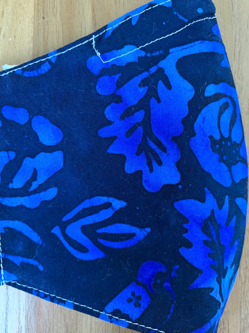 Best fitting washable mask with filter pocket, nose wire, breathable lining, adjustable ear loops. Black & blue batik. Ships now. image 4