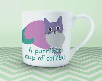 Fine Bone China Cat Mug – "Purrfect cup of coffee", designed and printed in the UK