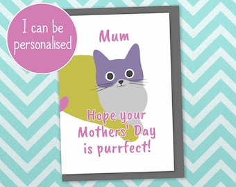 Cat Mothers' Day card - "Hope your Mother's Day is purrfect!". Can be personalised for mums grandmas and aunties. Plastic free!
