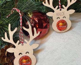 Personalized Reindeer Chocolate, Christmas Ornament, Stocking Name Tags, Lindt Chocolate Holder, Reindeer Tag