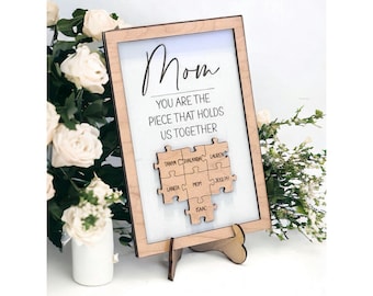 Mom Puzzle Sign with Kids Names, Best Mothers Day Puzzle Sign Grandma Gift, Mothers Day Gifts for Wife, Large Family, You Are the Piece