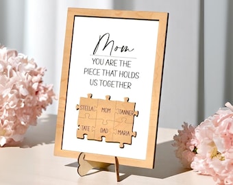 Mothers Day Puzzle Sign Gift for Grandma, Mom You Are The Piece, Puzzle Piece Sign with Family Names, Last minute Mothers Day Gifts for Wife