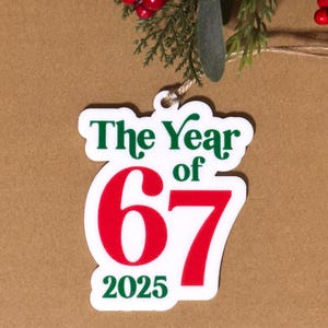 K&ouml;nnte beinhalten: Ein wei&szlig;er Weihnachtsschmuck mit dem Text "The Year of 67 2025" in Gr&uuml;n und Rot. Der Schmuck h&auml;ngt an einer nat&uuml;rlichen Schnur, vor einem braunen Hintergrund mit Zweigen und roten Beeren.