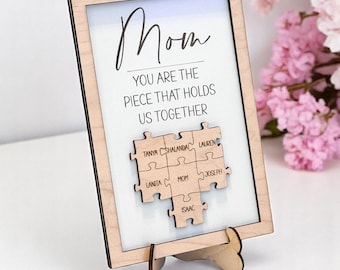 Mom Puzzle Sign Gift with Kids Names, Personalized Mothers Day Puzzle Piece Gifts for Wife, Christmas Gifts for Grandmother from Daughter