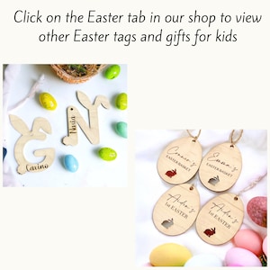 May include: Wooden Easter tags with bunny cutouts and personalized names. The tags are in the shape of an egg and have a string attached for hanging. The tags are decorated with the text "Conner's Easter Basket", "Emma's Easter Basket", and "Aiden's 1st Easter".