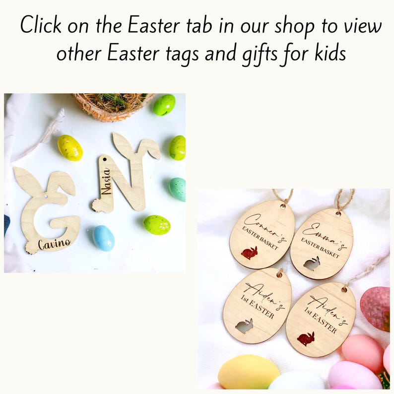 May include: Wooden Easter tags with bunny cutouts and personalized names. The tags are in the shape of an egg and have a string attached for hanging. The tags are decorated with the text "Conner's Easter Basket", "Emma's Easter Basket", and "Aiden's 1st Easter".