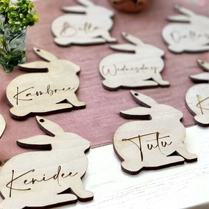 May include: Wooden bunny rabbit place card holders with names written on them. The names are: Kambree, Kenidee, Tutu, Wednesday, Belle, and Dolly.