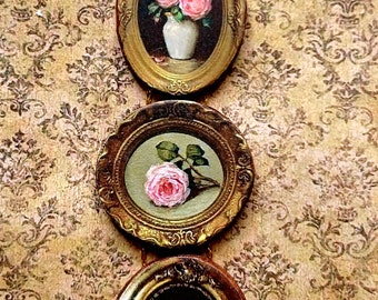 Tres imágenes en miniatura conectadas con tema de rosas, imágenes impresas en madera, escala 1:12, aspecto antiguo