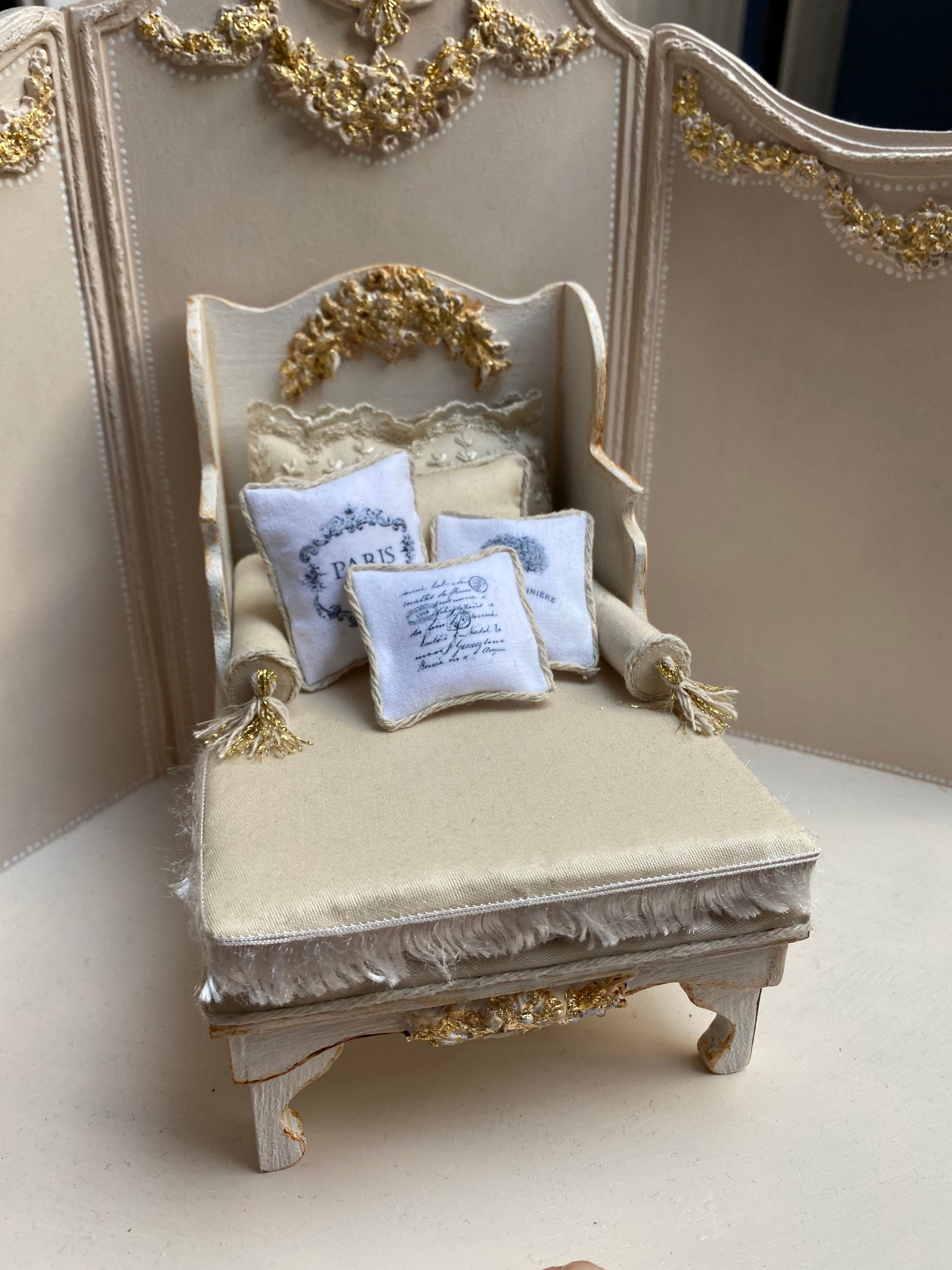 DOLLHOUSE Miniature antique baroque wooden canabe,scale miniature french  armchair/one inch scale/Barbie scale