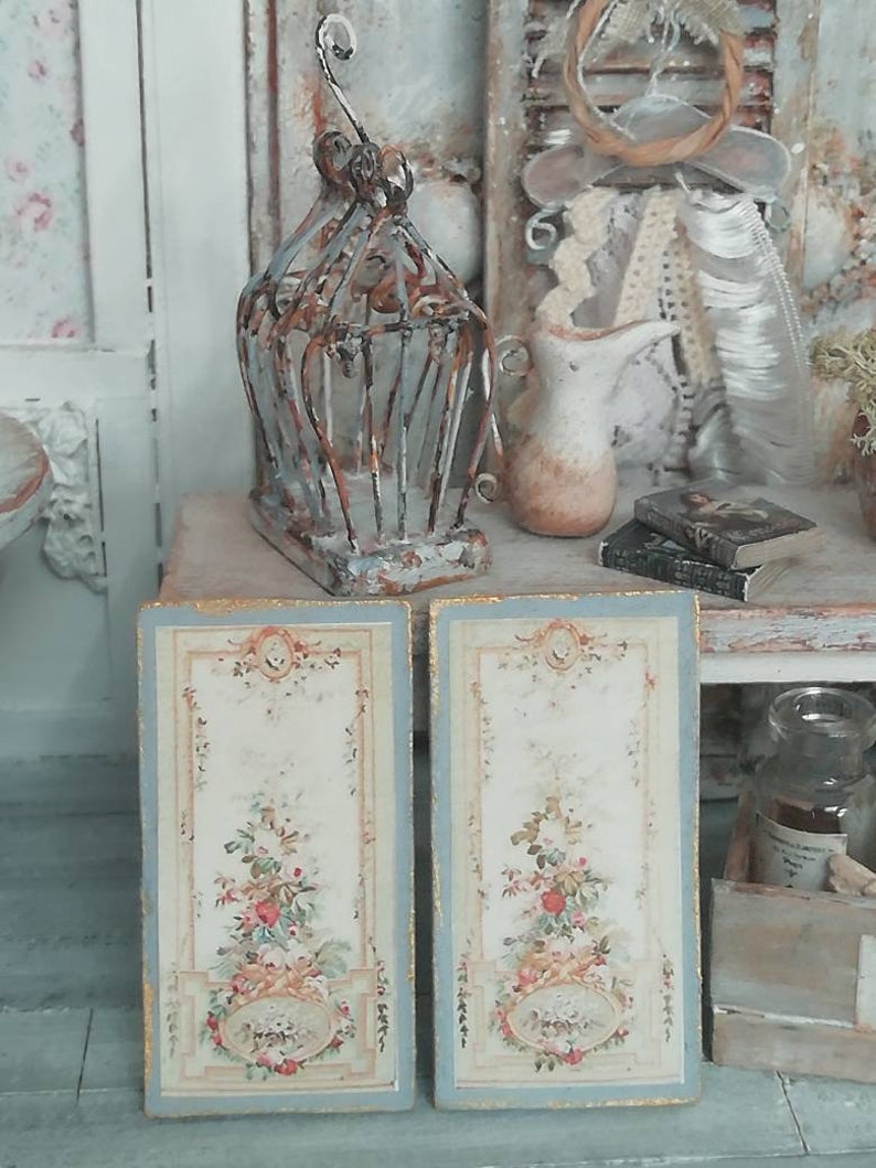 baroque Set of two wooden panels with paper print 1:12 Scale miniature Antique