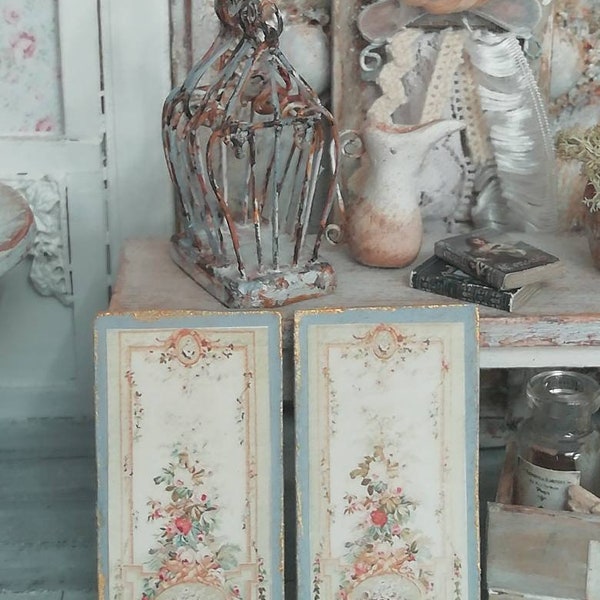 Antique, baroque Set of two wooden panels with paper print 1:12 Scale miniature