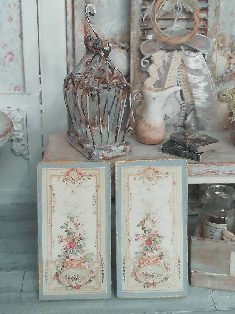 Antique, baroque Set of two wooden panels with paper print 1:12 Scale miniature