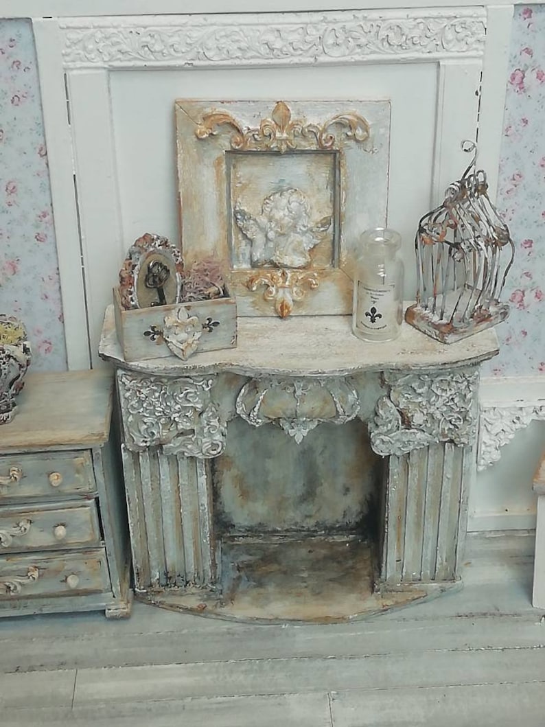 Miniature Fireplace 1:12 Scale Antique Baroque wooden aged and painted by handBeechwood